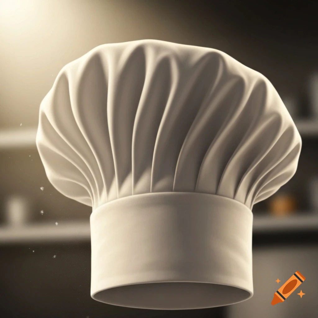 A white, pleated chef's hat floats against a blurred kitchen background with warm backlighting.
