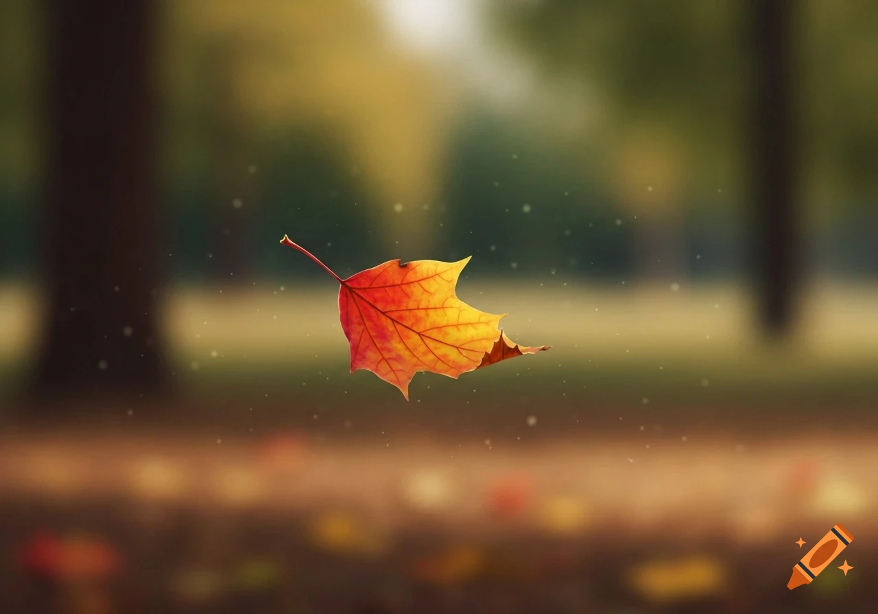 A single vibrant orange and yellow autumn leaf floats against a soft, blurry background of green and brown.