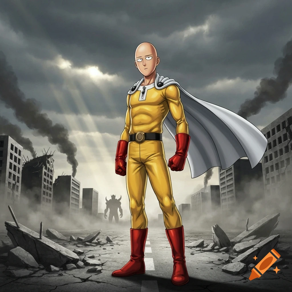 Saitama from One Punch Man stands in a destroyed city with a monster in the background, in anime style.
