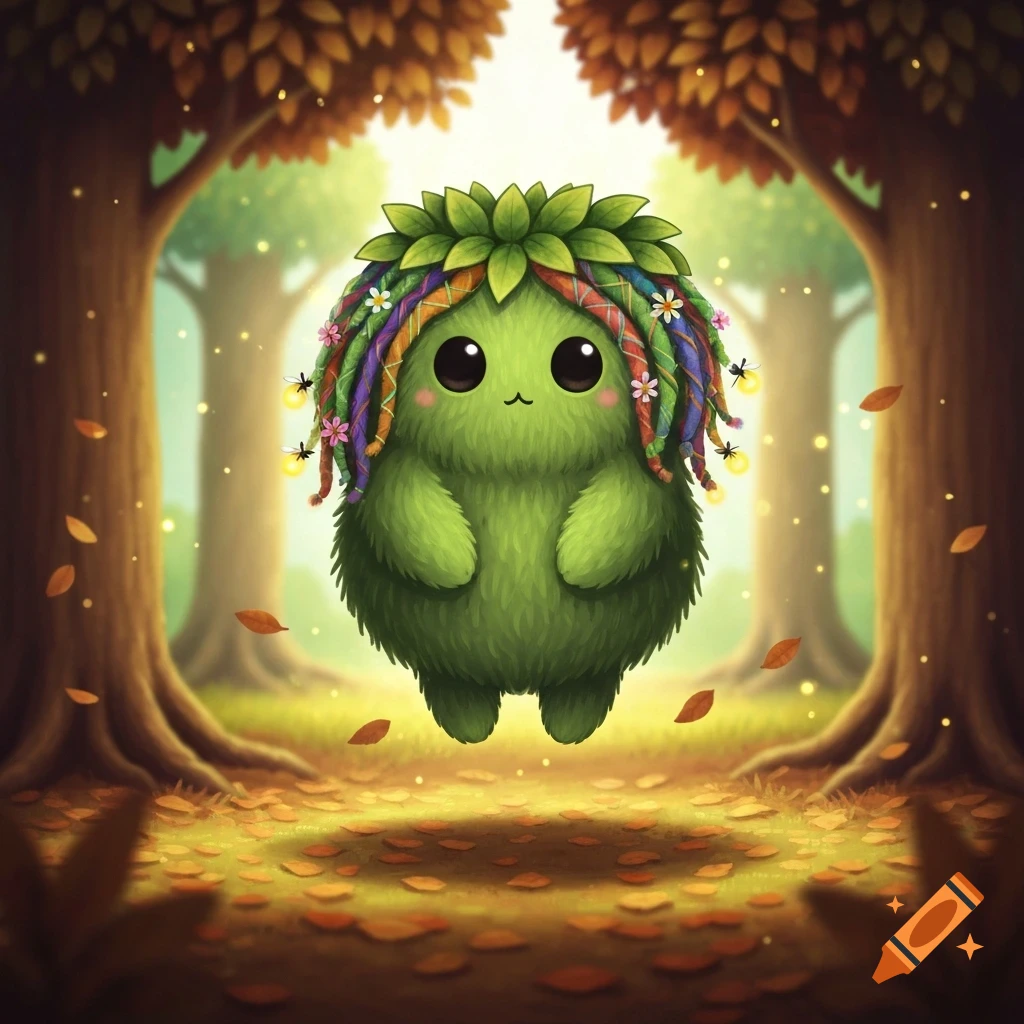 A cute, fluffy green creature with leaf hair and colorful dreadlocks floats in an enchanted forest with falling leaves.
