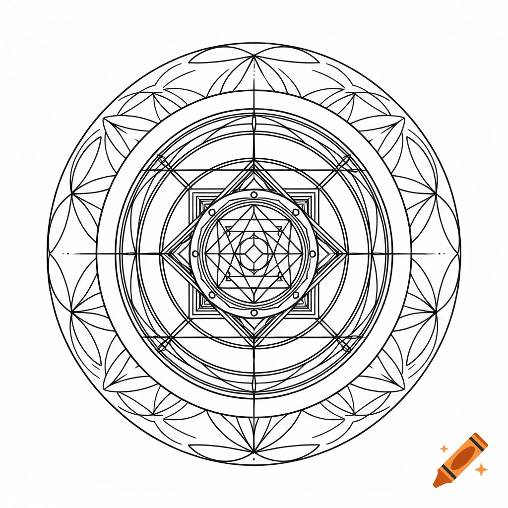 Black and white line art stencil of a complex geometric mandala combining an armillary sphere, Metatron's cube, Sri Yantra, and Flower of Life.