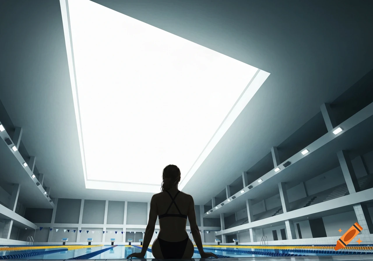 Silhouette of a swimmer in a swimsuit sitting at the edge of an indoor pool, looking up at a bright skylight.