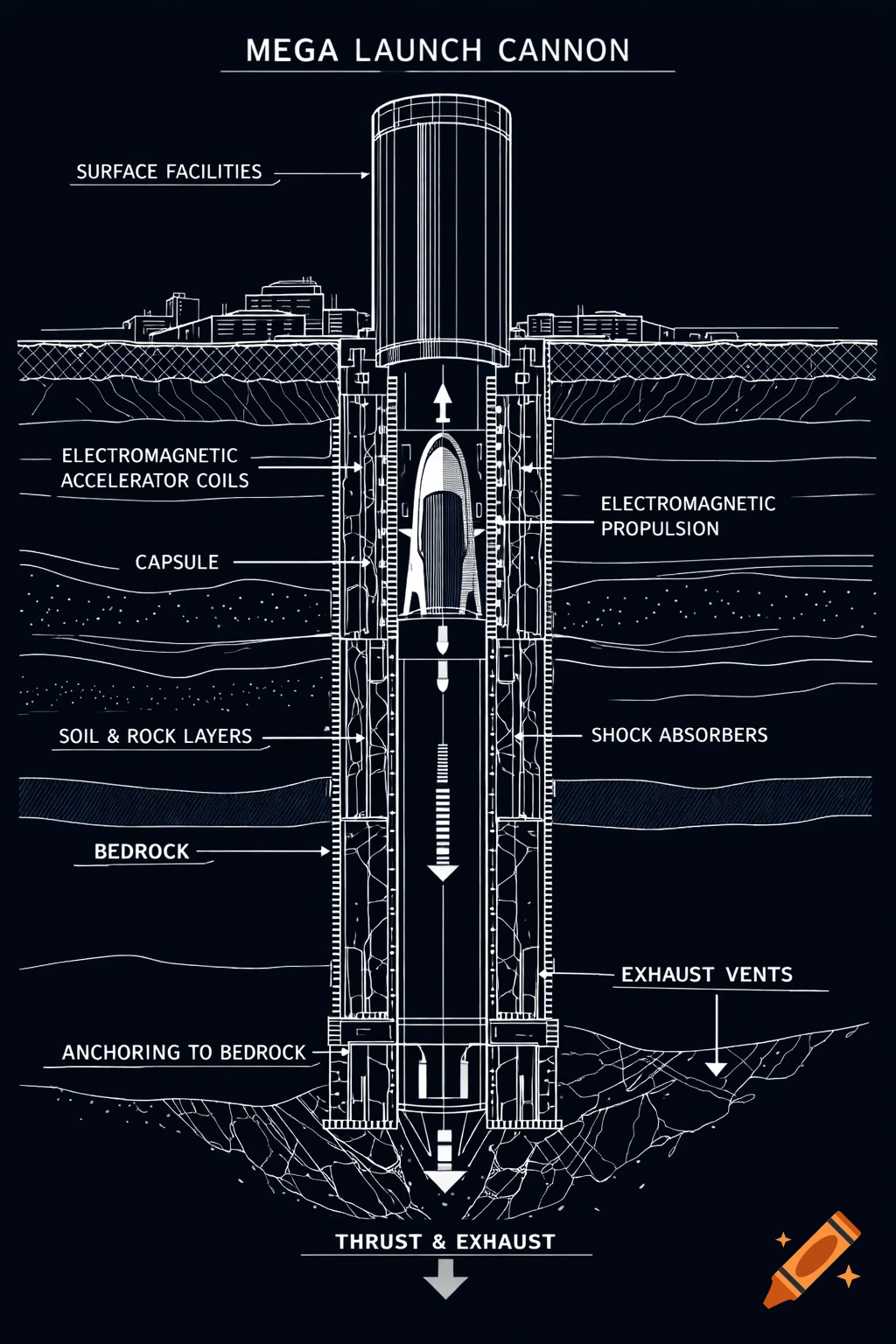 Detailed cutaway diagram of a subterranean mega launch cannon with a capsule, labels, and arrows, in a minimalist style.