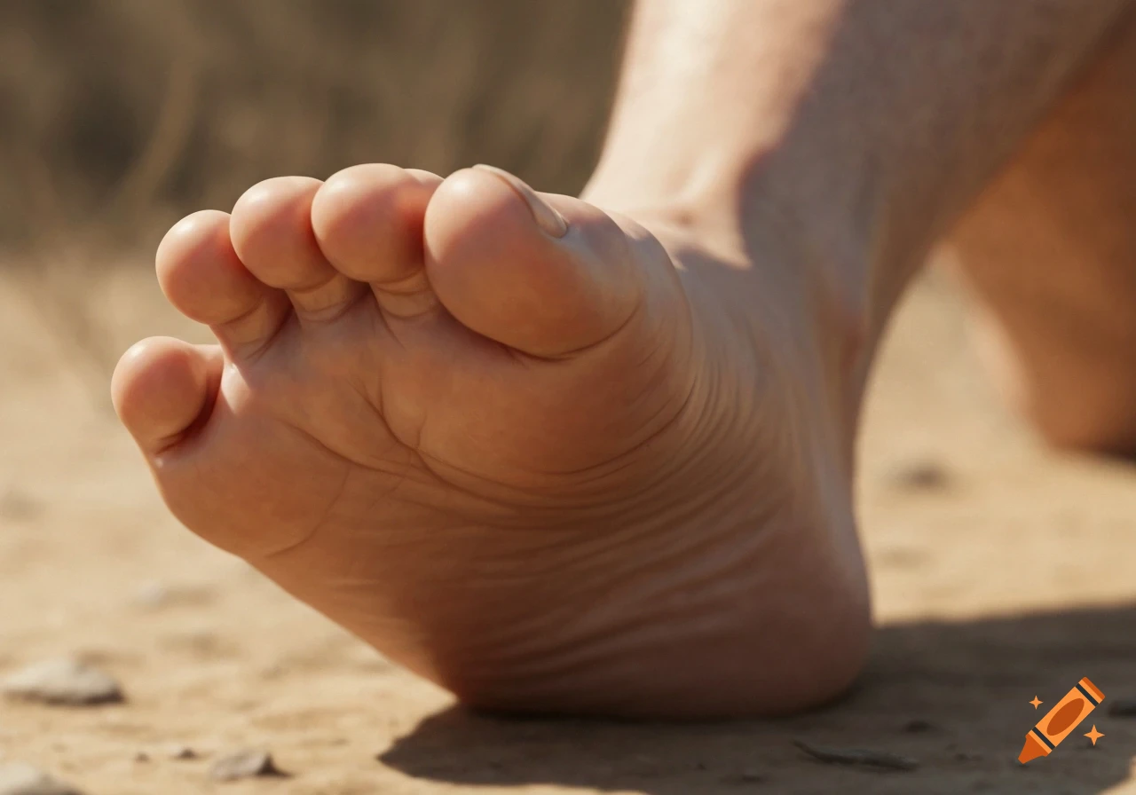 Close-up of a human foot on sandy ground, showing the sole and toes in photorealistic style.
