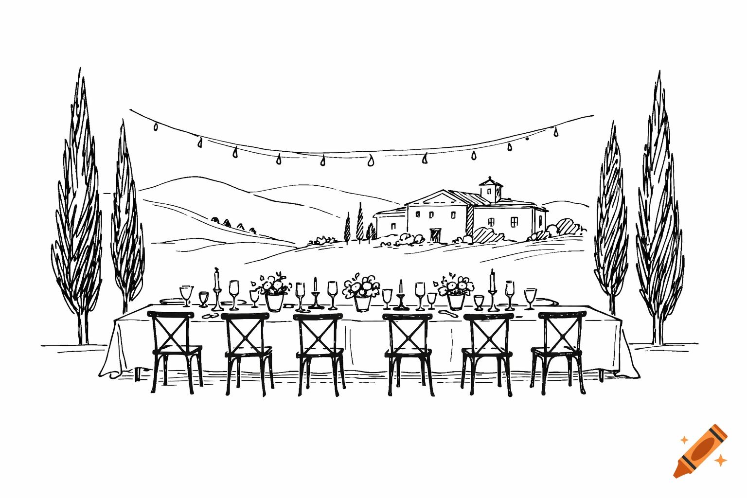 Black fineliner drawing of a long outdoor dining table set with chairs, candles, and flowers, set against a Tuscan landscape with a villa and cypress trees under string lights.