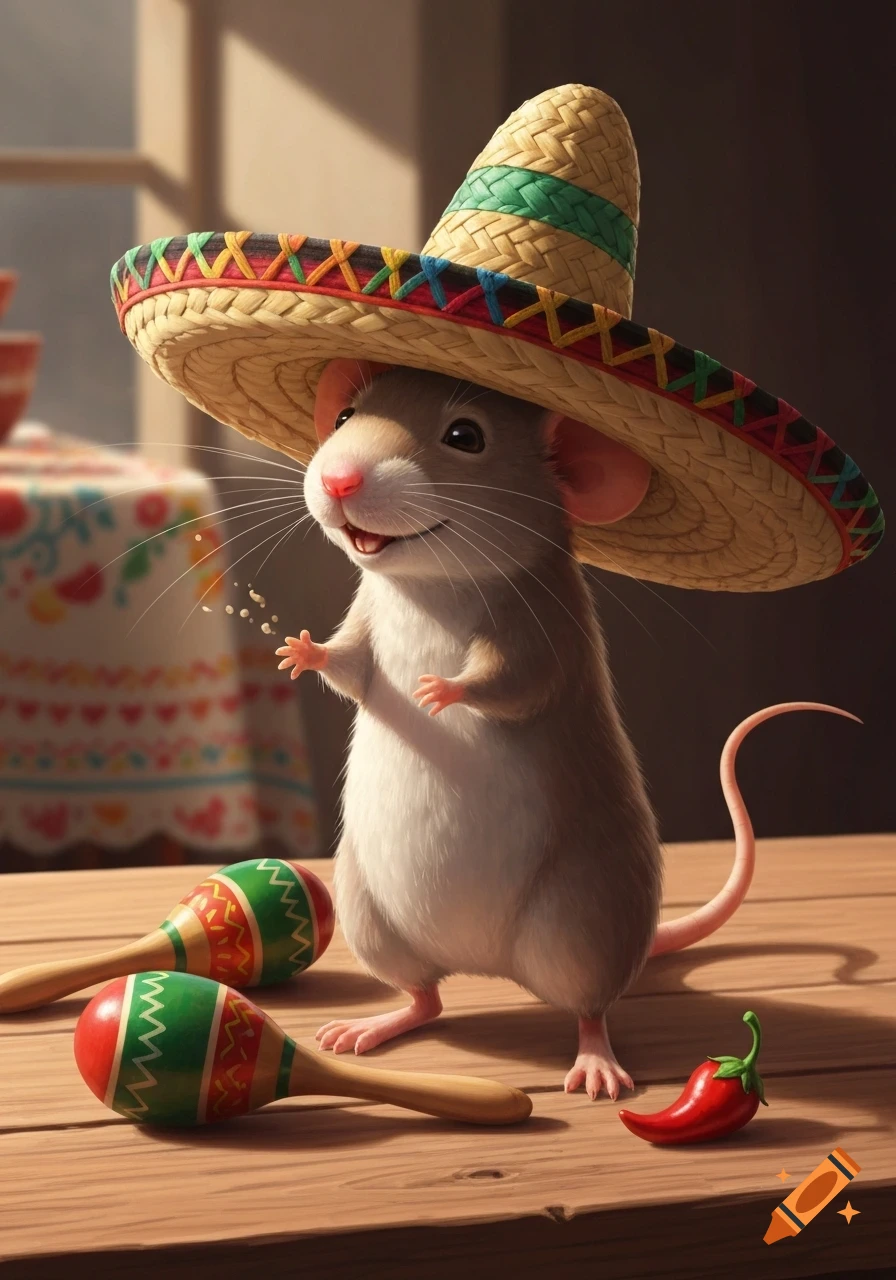 A cute anthropomorphic mouse wearing a large straw sombrero stands on a wooden table beside two maracas and a red chili pepper.