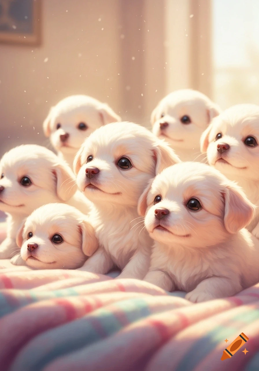 A group of fluffy white puppies with dark eyes gaze upwards, nestled on a pink and blue striped blanket in a soft, bright room.