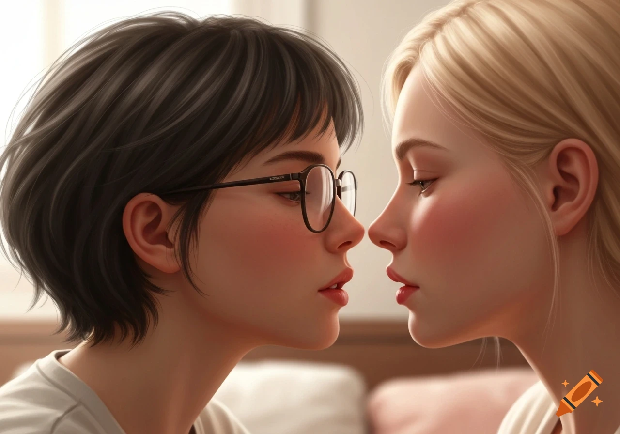 A close-up, photorealistic portrait of two young women, one with short dark hair and glasses, the other blonde, facing each other intimately, mouths slightly open.