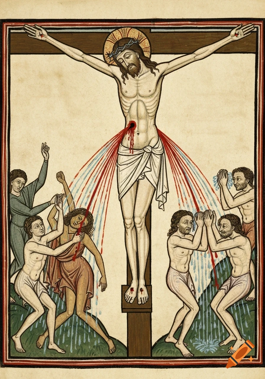 Medieval illustration of Jesus on the cross, with blood and water spraying from his side onto people below who are dancing and washing.