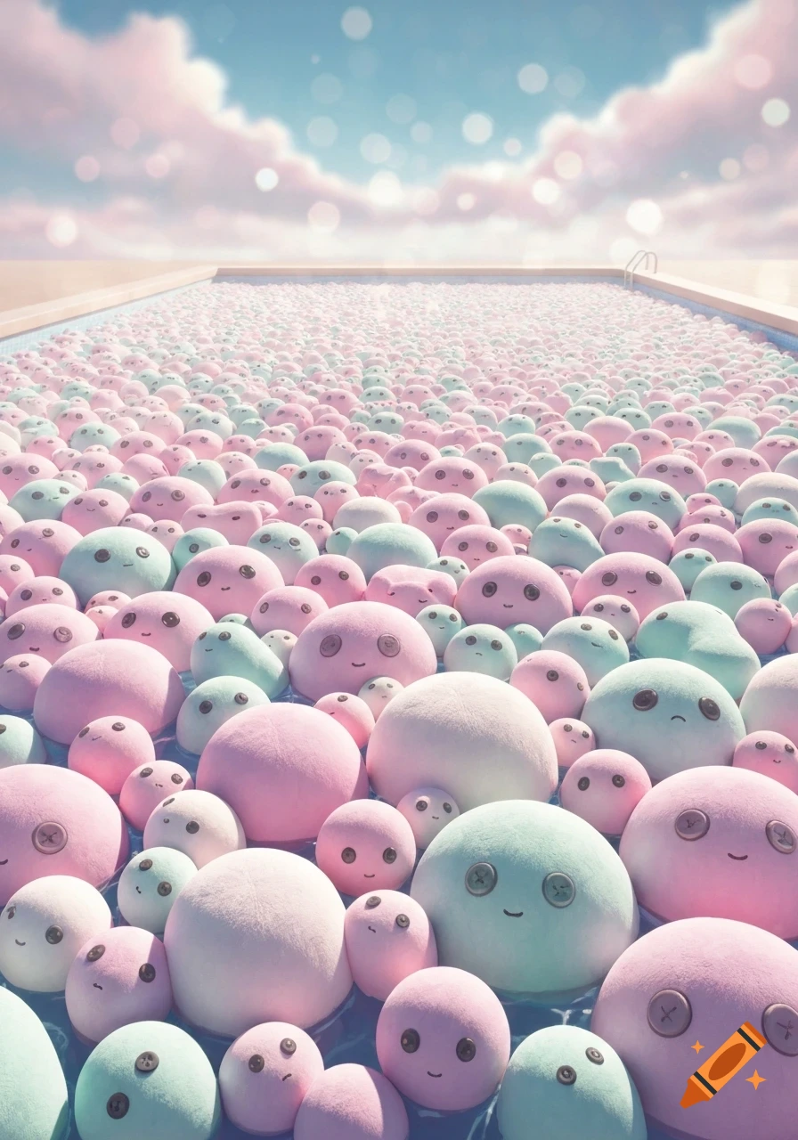 A pool filled with countless pastel pink and mint green squishy creatures with cute faces under a cloudy sky.