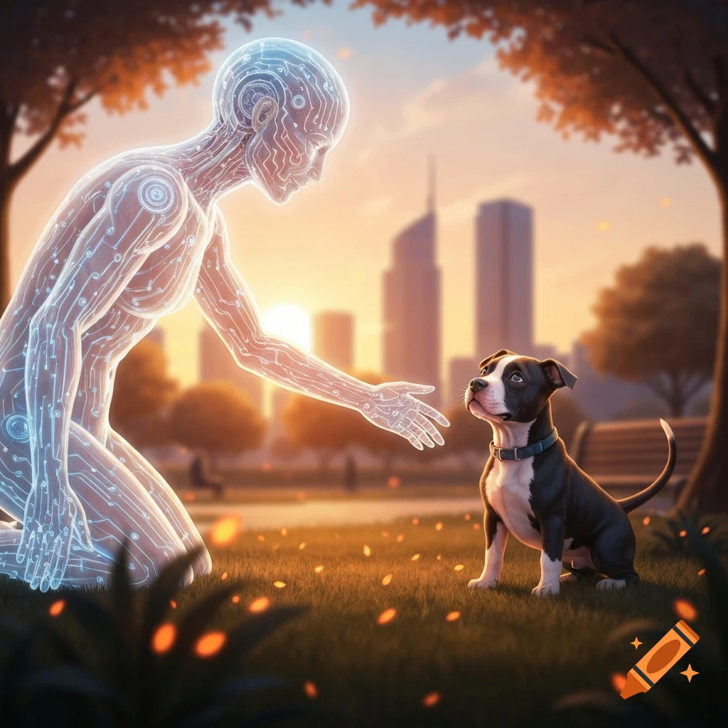 A glowing, circuit-patterned AI figure kneels, reaching out to a black and white pit bull puppy in a park with a city skyline at sunset. Digital art.