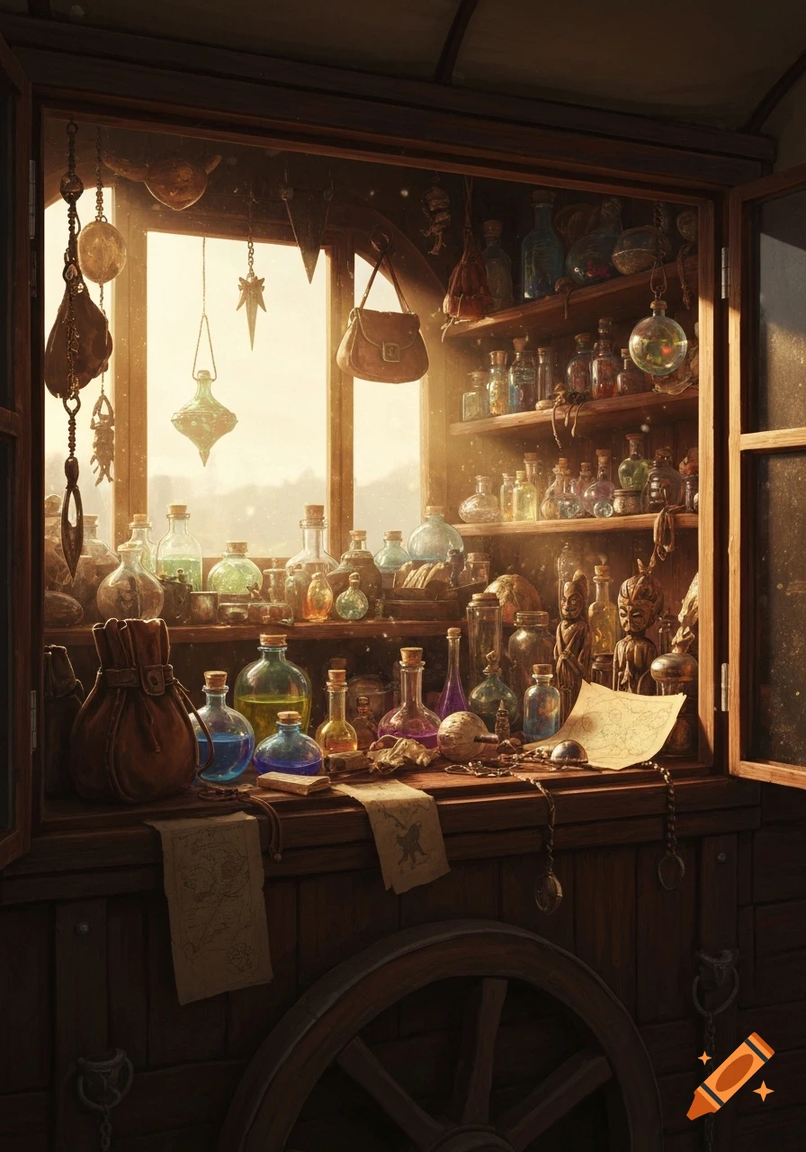 A cluttered shop window of a traveling merchant, filled with glowing potions, antique bottles, leather bags, and scrolls, illuminated by bright sunlight.