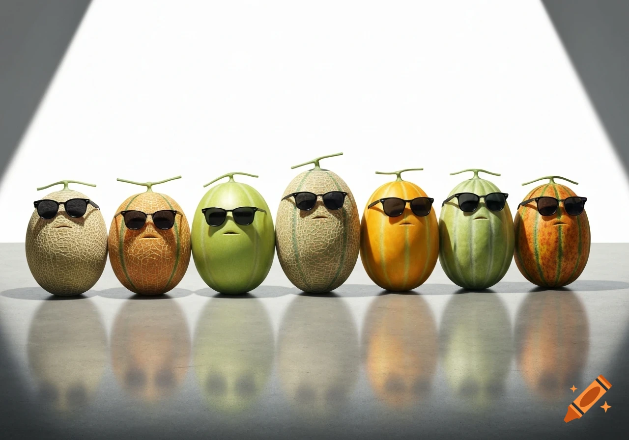 Seven anthropomorphic melons of different varieties and colors, each wearing black sunglasses and a grumpy expression, stand in a line on a reflective surface.