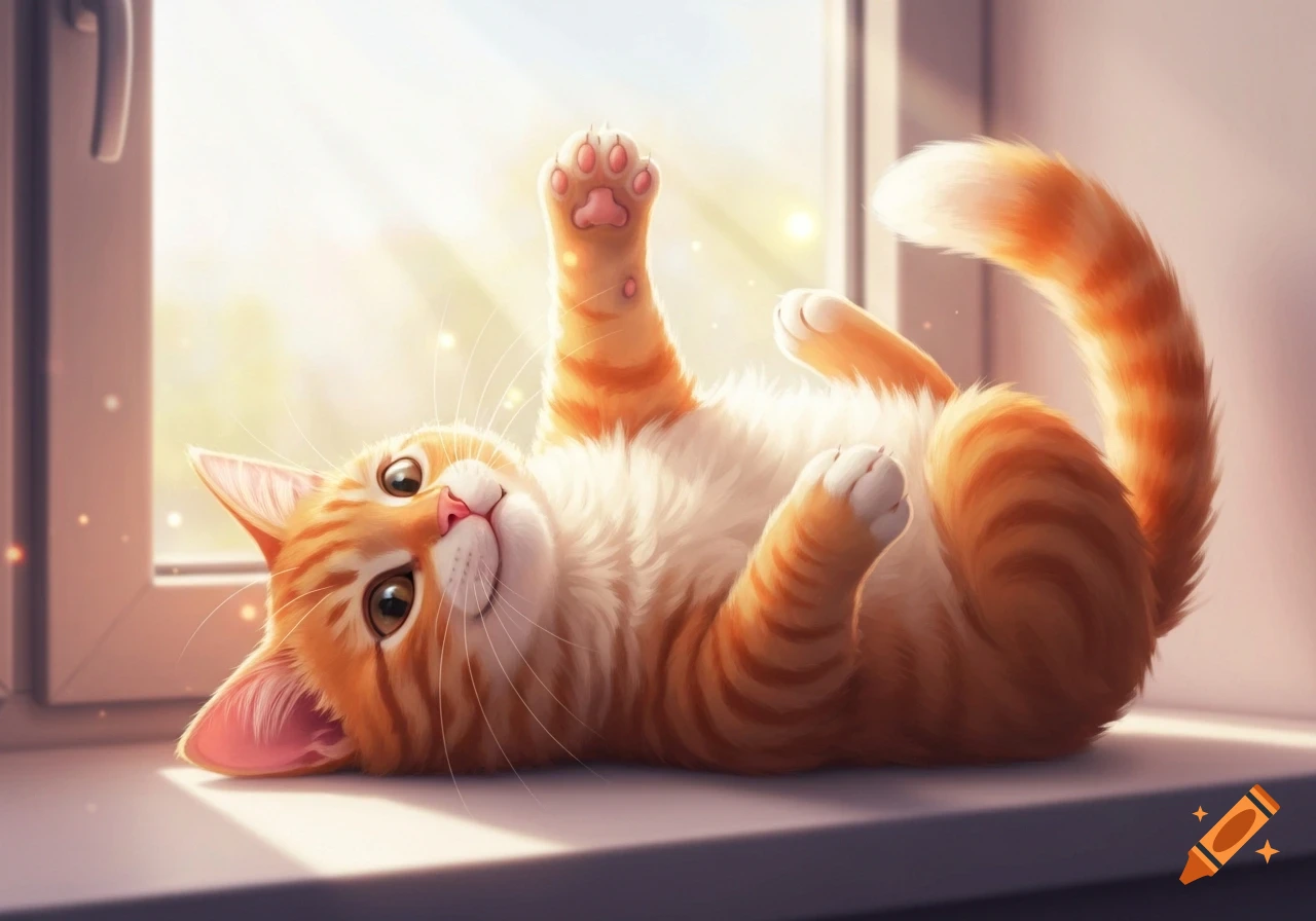 A fluffy orange tabby cat lies on its back on a sunny windowsill with paws wiggling in the air, in a soft pastel digital illustration.