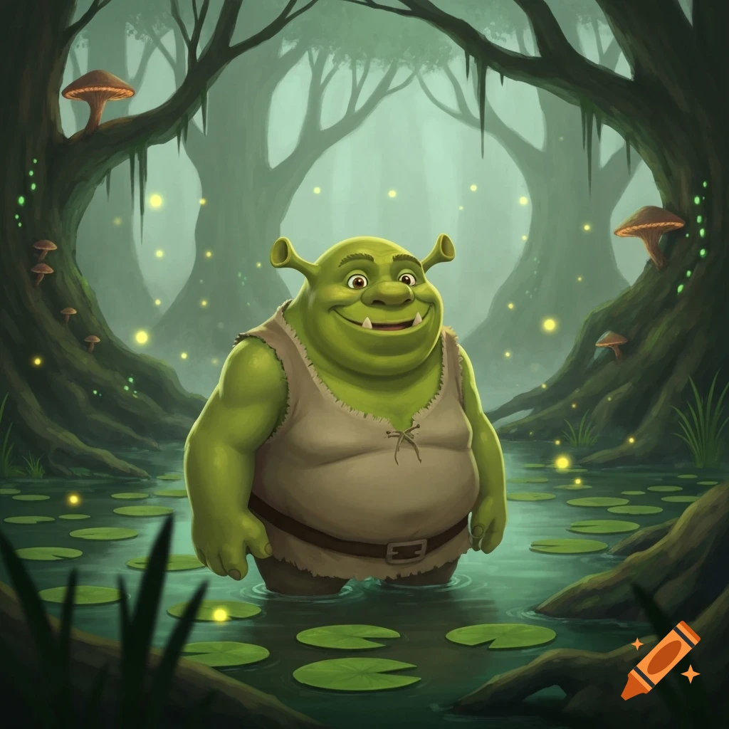 A smiling, muscular green ogre, resembling Shrek, stands in a misty swamp with lily pads, glowing fireflies, and tall trees.