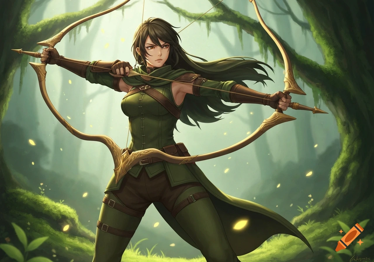 Anime-style female huntress in green and brown attire, aiming an ornate bow in a magical forest setting.