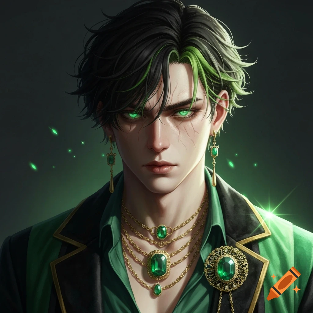 A young man with black and green hair and glowing green eyes, wearing ornate gold and emerald jewelry.