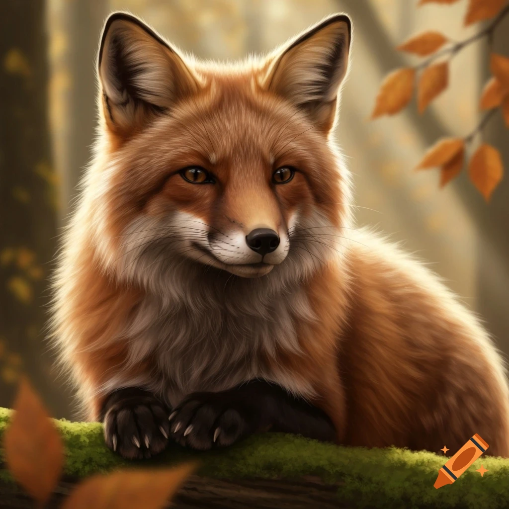 A realistic, detailed fox with orange and white fur sits on a mossy log in an autumn forest.