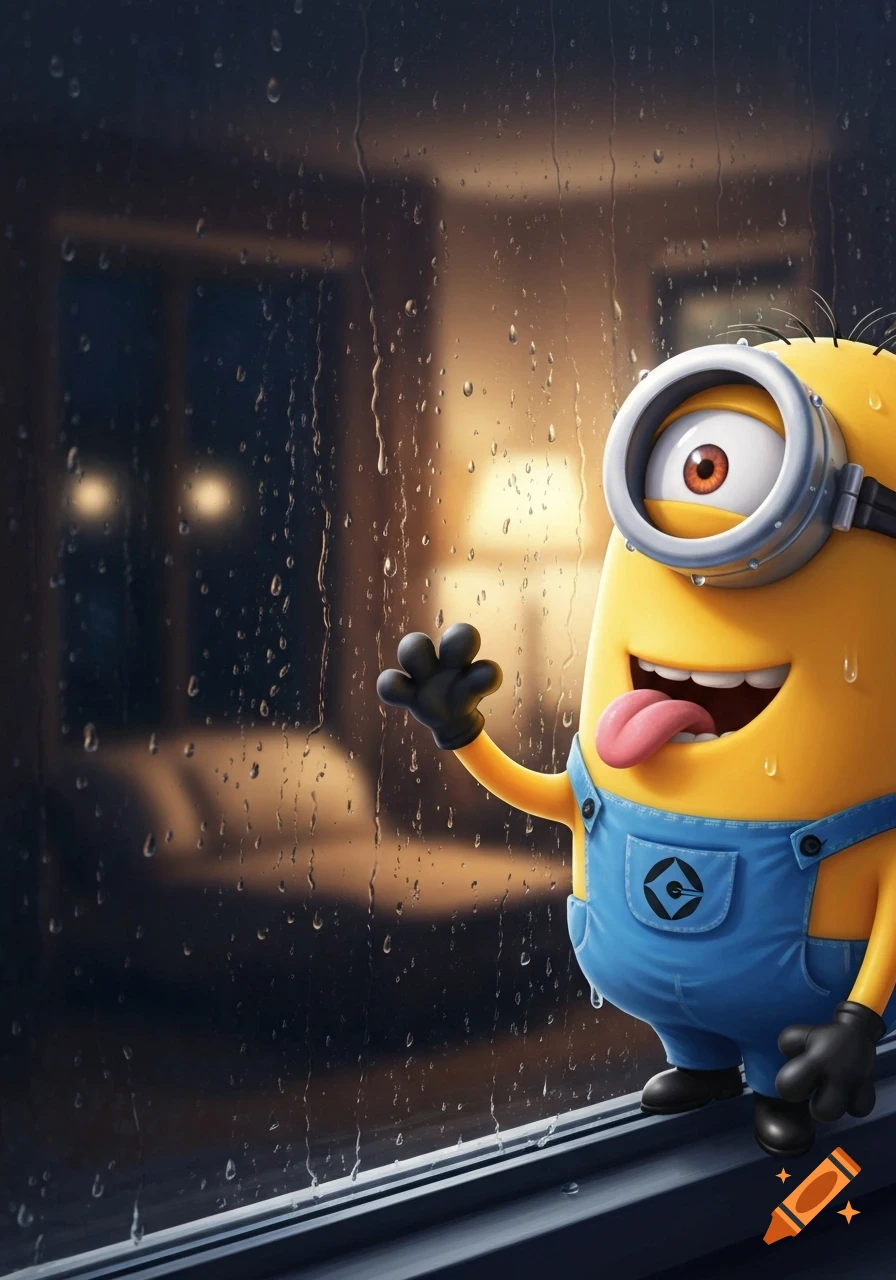 A 3D animated Minion character in blue overalls licks a rainy window, looking at a warm-lit room.