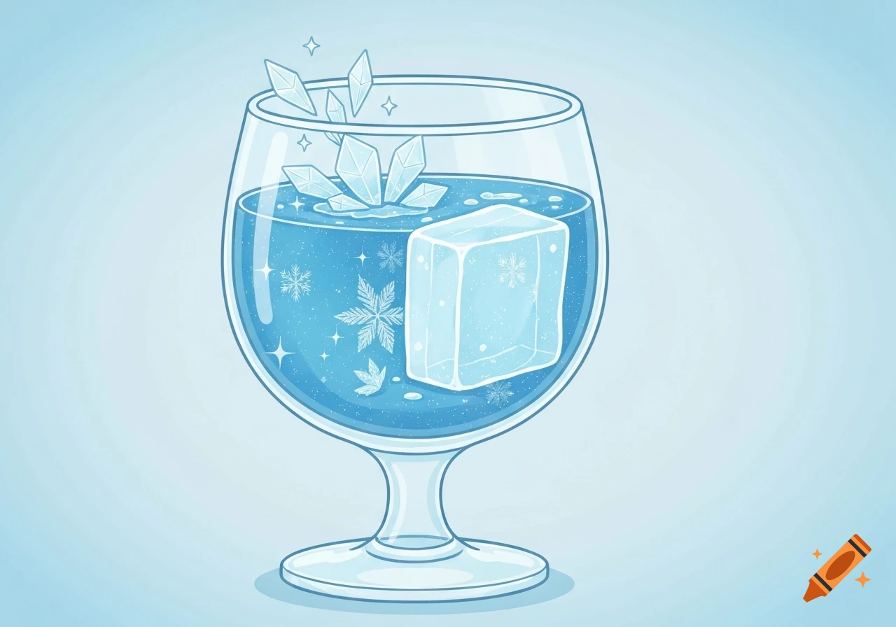 A blue-toned illustration of a glass filled with sparkling blue liquid, ice cubes, and crystal shards, with snowflakes and stars floating within, in a cartoon style.