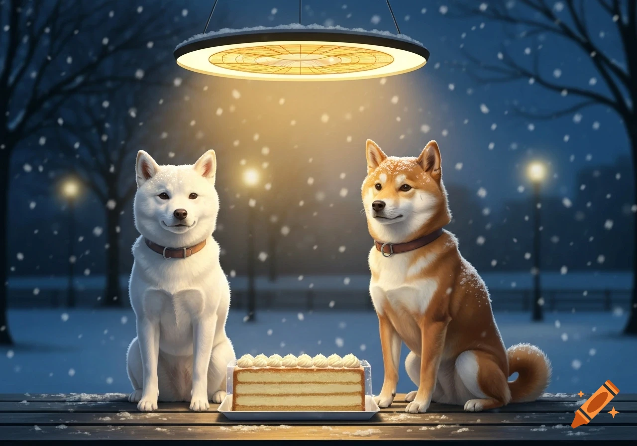 A white Shiba Inu and a brown Shiba Inu sit on a bench with a cake under a heating lamp in falling snow at night.