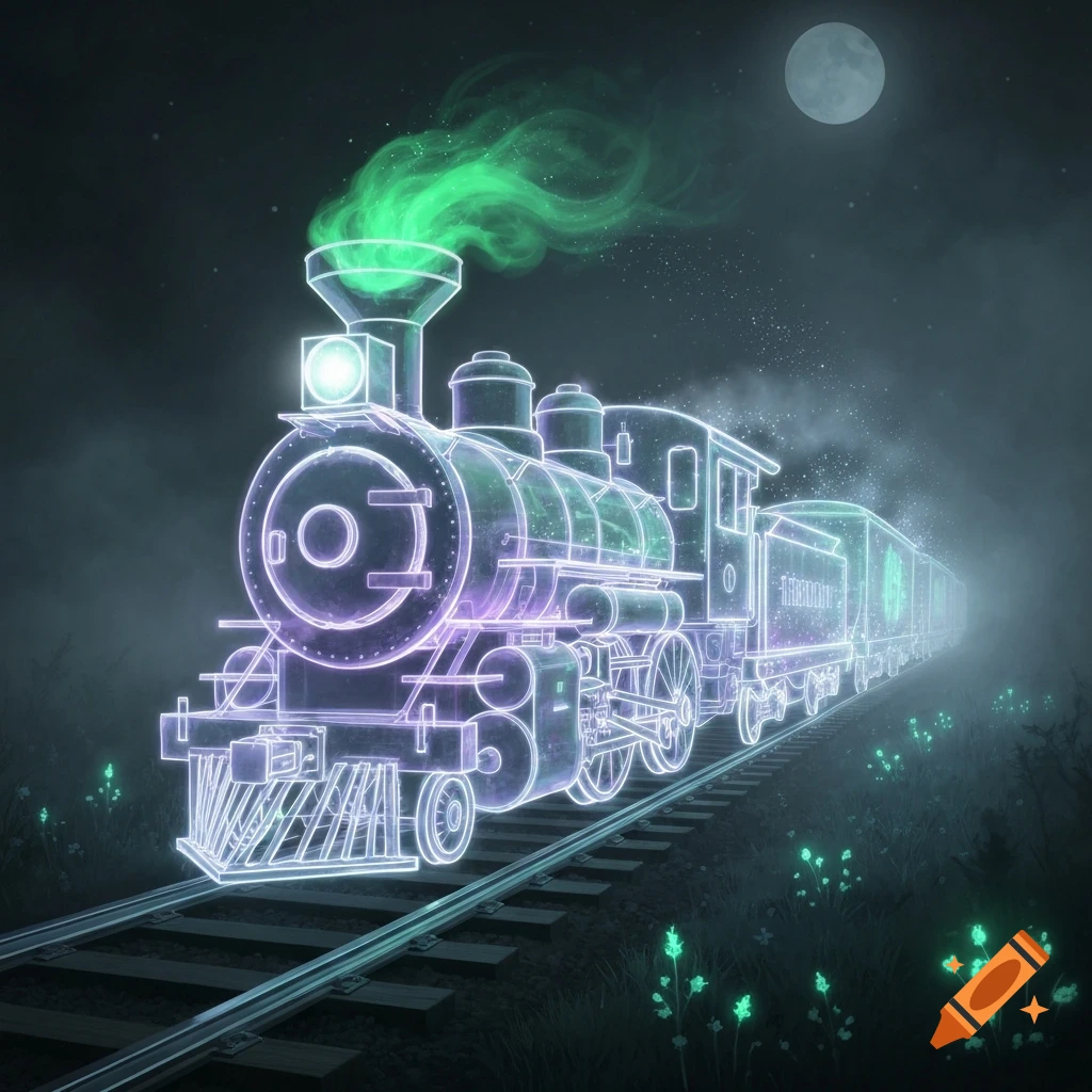 A glowing, ethereal outline of a train with green smoke travels down tracks at night under a full moon, with glowing plants in the foreground.