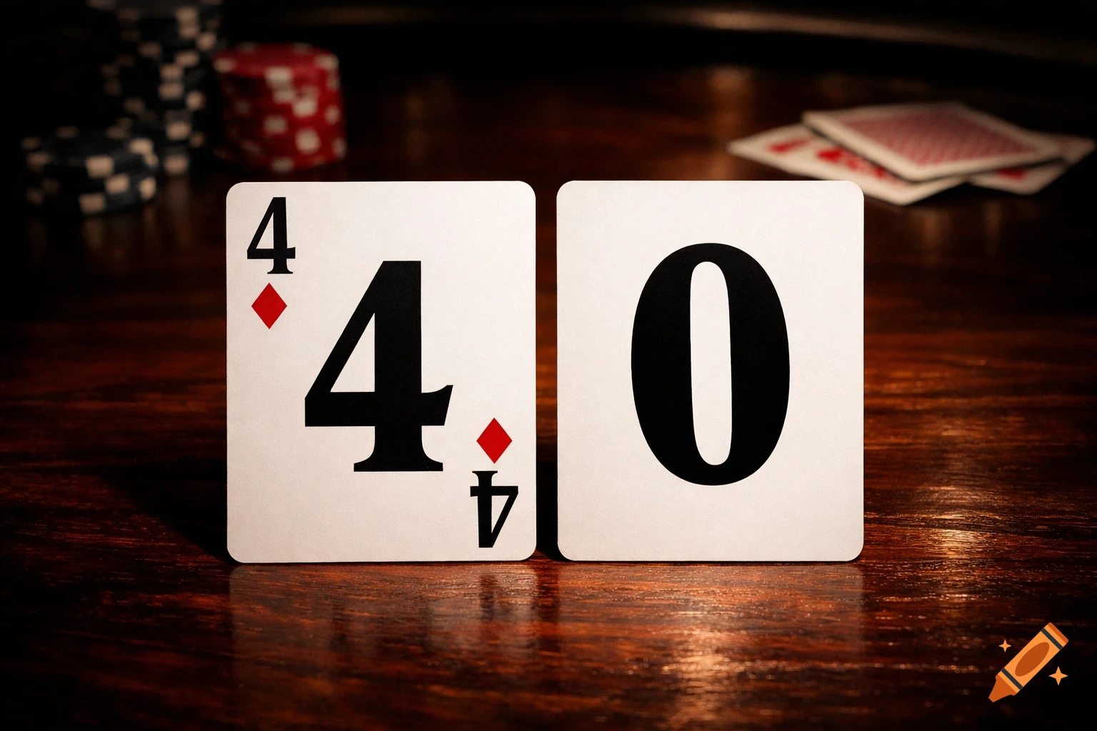Two playing cards, one a four of diamonds and the other a zero, on a wooden table with poker chips and blurred cards.