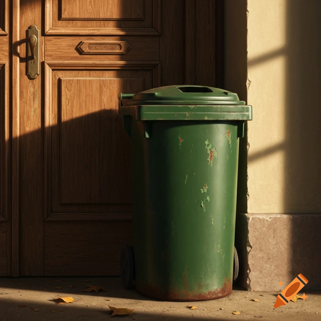 A weathered green trash can with wheels stands next to a detailed wooden door, illuminated by sunlight casting shadows on the ground.