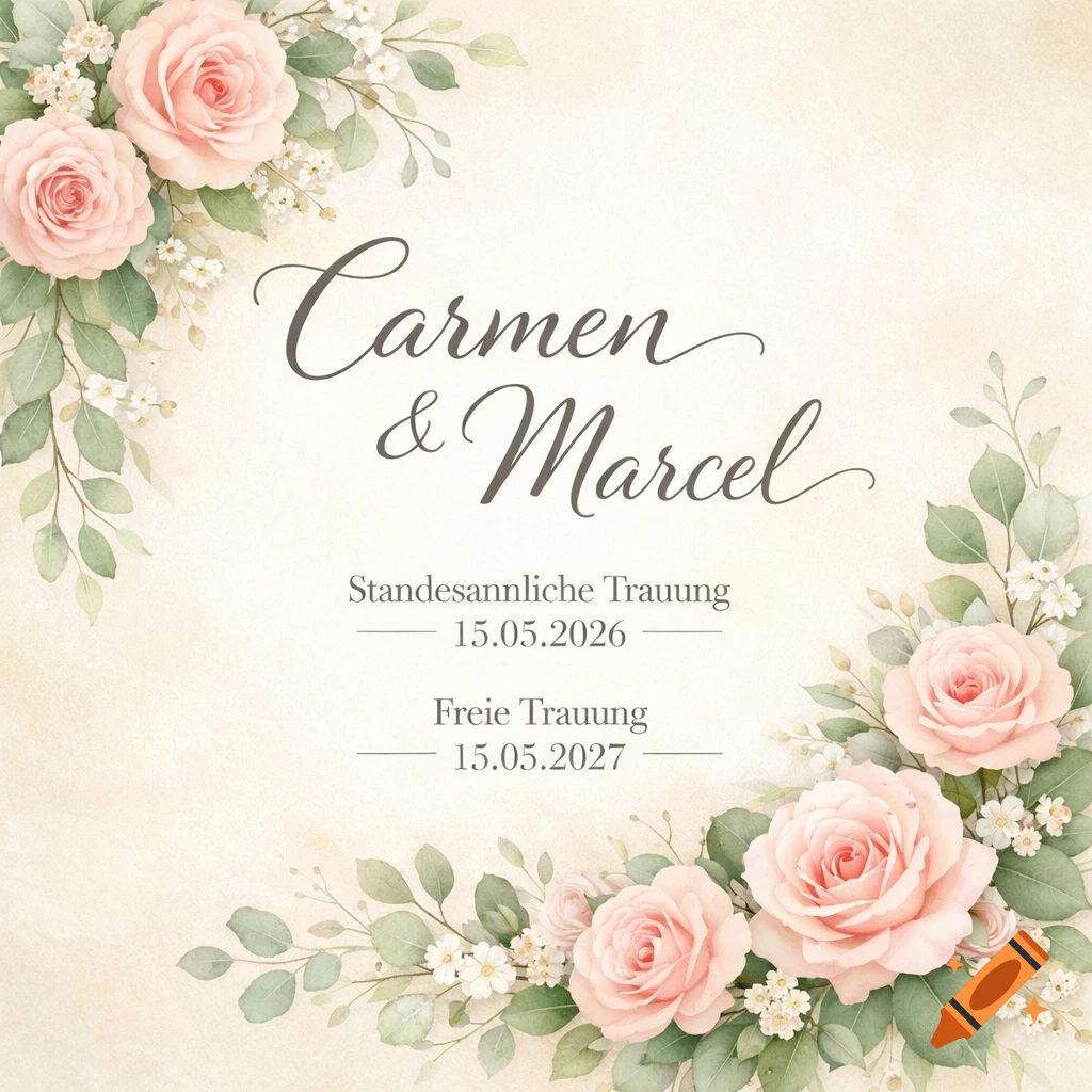 Watercolor wedding invitation with pink roses and green foliage, featuring names Carmen & Marcel and dates 15.05.2026 and 15.05.2027 for ceremonies.