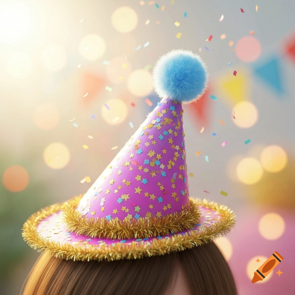 A vibrant pink birthday hat with gold stars and a fluffy blue pom-pom on brown hair, surrounded by festive confetti and warm bokeh lights.