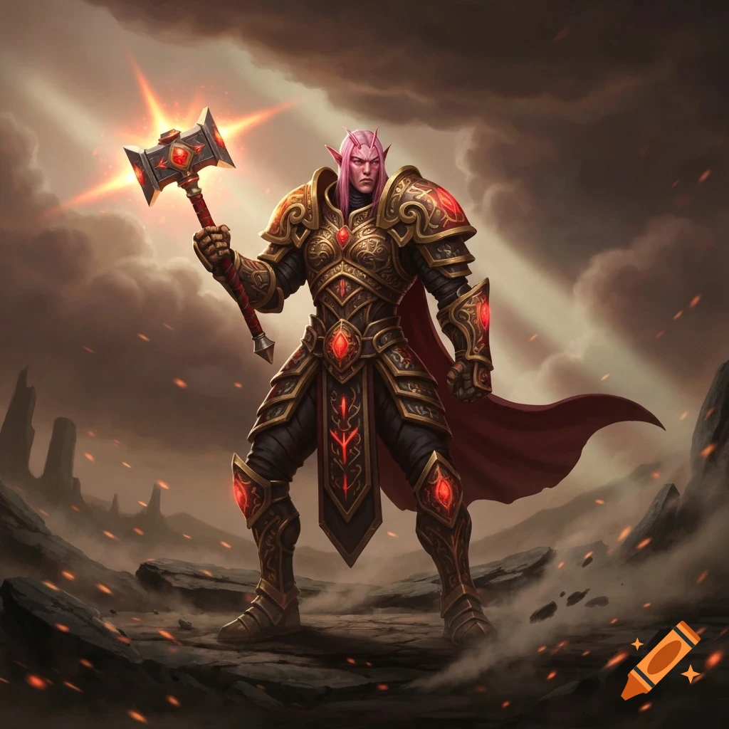 A heroic blood elf paladin in ornate red and gold armor stands in a desolate, fiery landscape, holding a glowing warhammer.