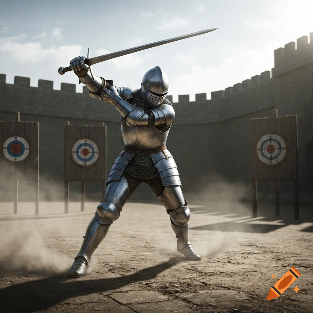 A medieval knight in full shining armor practices sword slashing in a dusty castle courtyard.