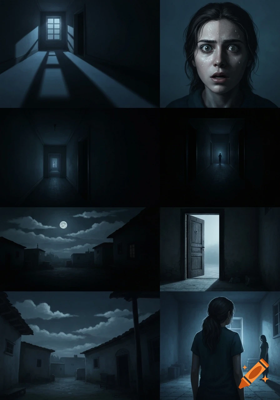 A multi-panel image depicting a suspenseful horror scene with a frightened woman, dark hallways, shadowy figures, and a moonlit village.