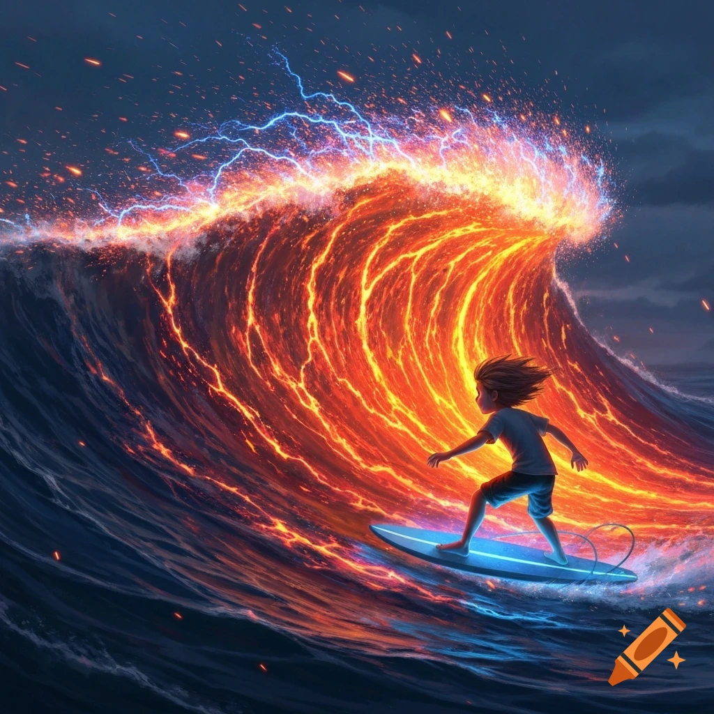 A child on a glowing surfboard rides a massive, electrifying wave of molten lava and blue water under a stormy sky.