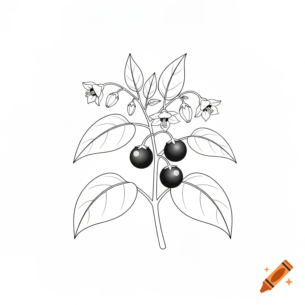 A black and white line drawing of a deadly nightshade plant with leaves, flowers, and dark berries on a white background.