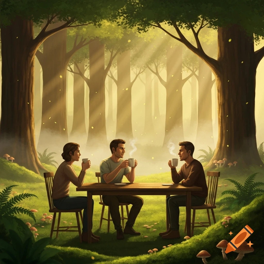 Three people drink coffee at a table in a lush, sunlit fantasy forest with tall trees and glowing motes.