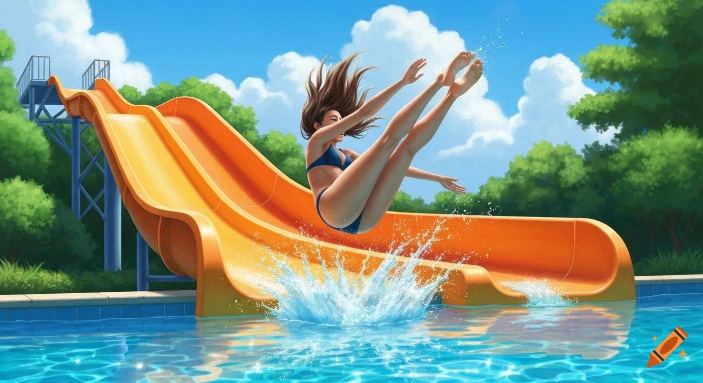 An illustrated woman in a blue bikini falls headfirst off an orange water slide into a blue swimming pool, creating a large splash. Bright sky and green trees in the background.