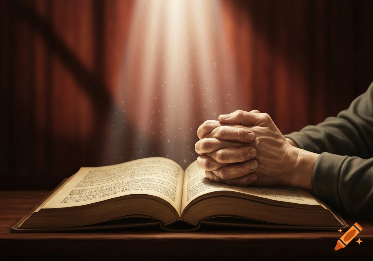 Close-up of clasped hands in prayer over an open book, with light rays shining down, photorealistic style.