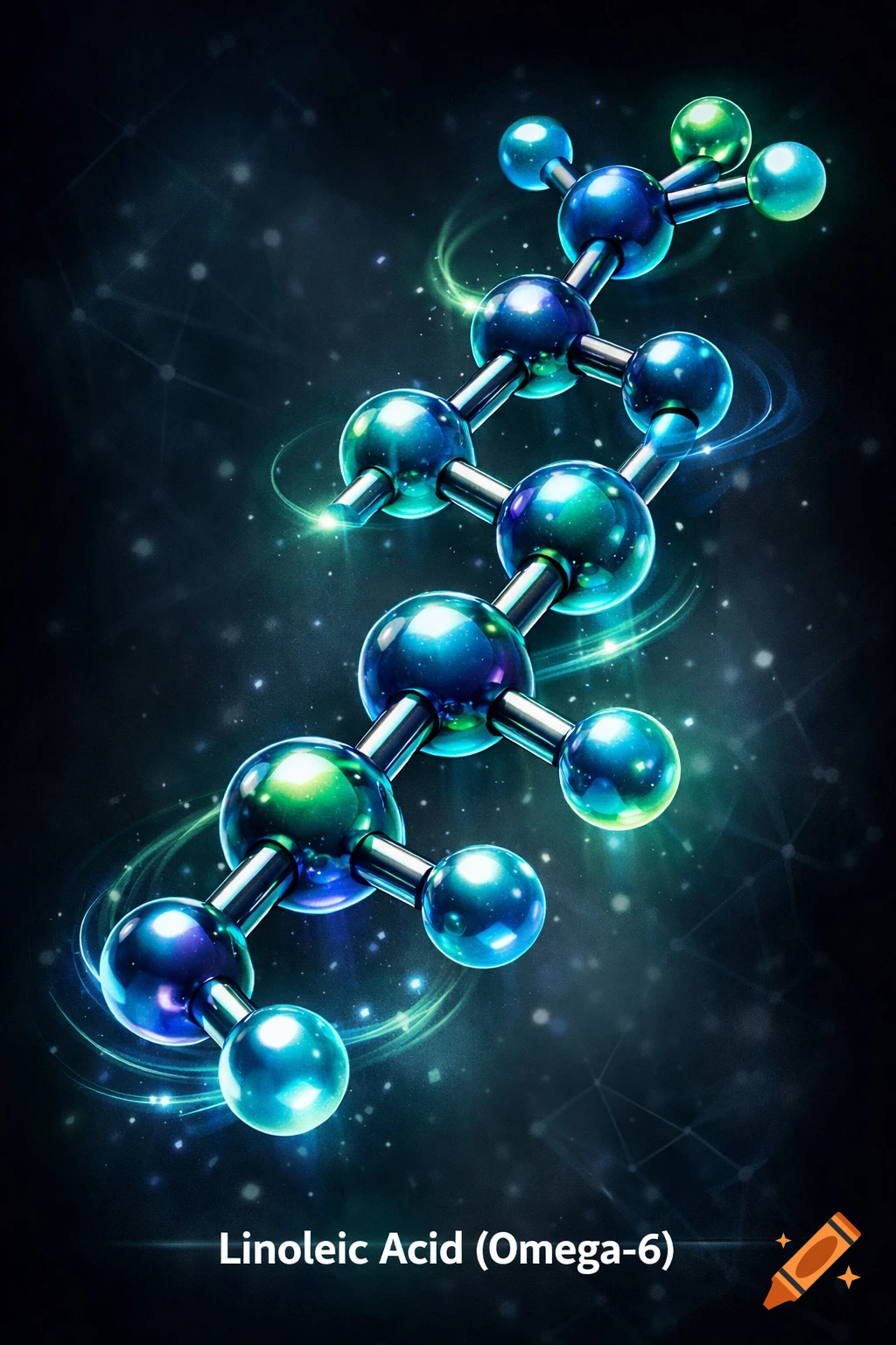 A shiny, vibrant blue and green molecular structure against a dark, cosmic background, labeled 'Linoleic Acid (Omega-6)'.