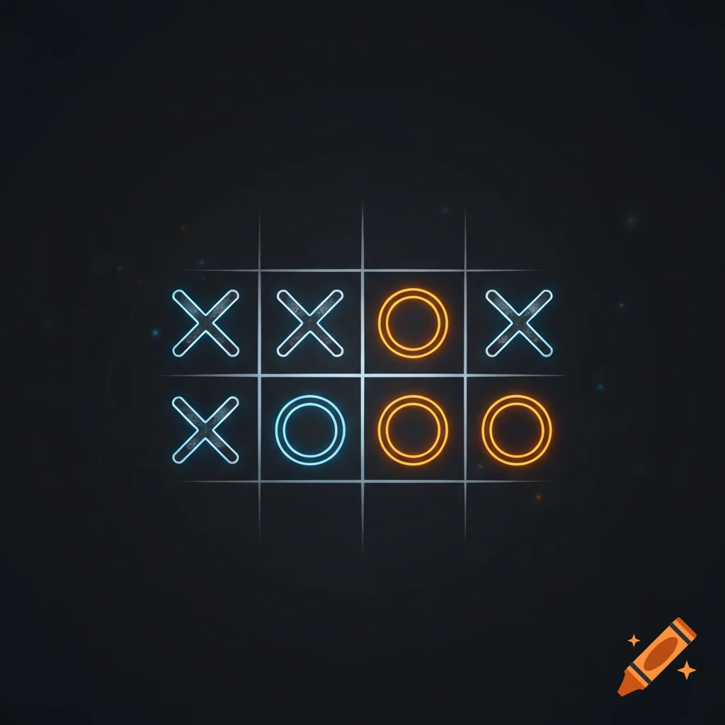 Neon-lit Tic-Tac-Toe game board with blue X's and orange O's on a dark background.