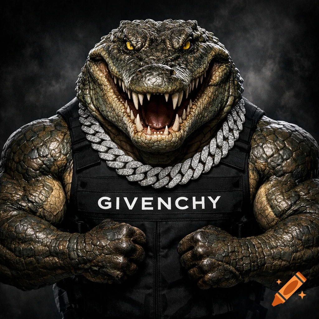 Muscular humanoid crocodile with an open mouth, sharp teeth, and yellow eyes, wearing a black tactical vest with "GIVENCHY" and a diamond chain.