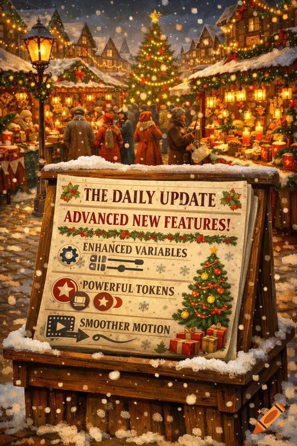 A snowy Christmas market at night, with a brightly lit Christmas tree and people browsing stalls. In the foreground, a sign on an easel reads "THE DAILY UPDATE ADVANCED NEW FEATURES!" and lists features like enhanced variables and smoother motion.