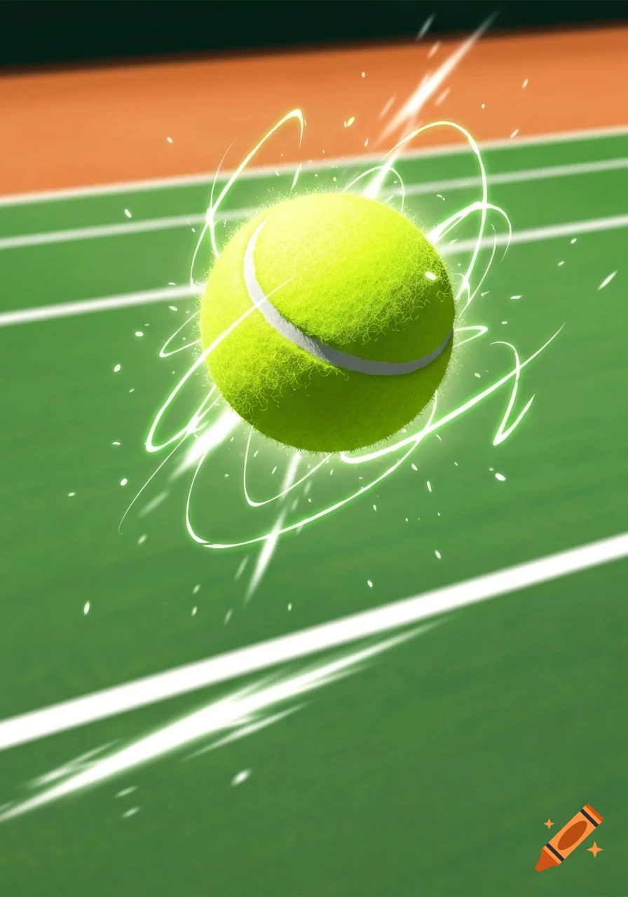 A vibrant green tennis ball with glowing white energy lines hovering over a green and orange tennis court.