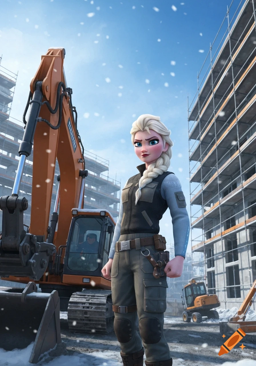 Elsa from Frozen in construction gear stands at a snowy construction site with an excavator.