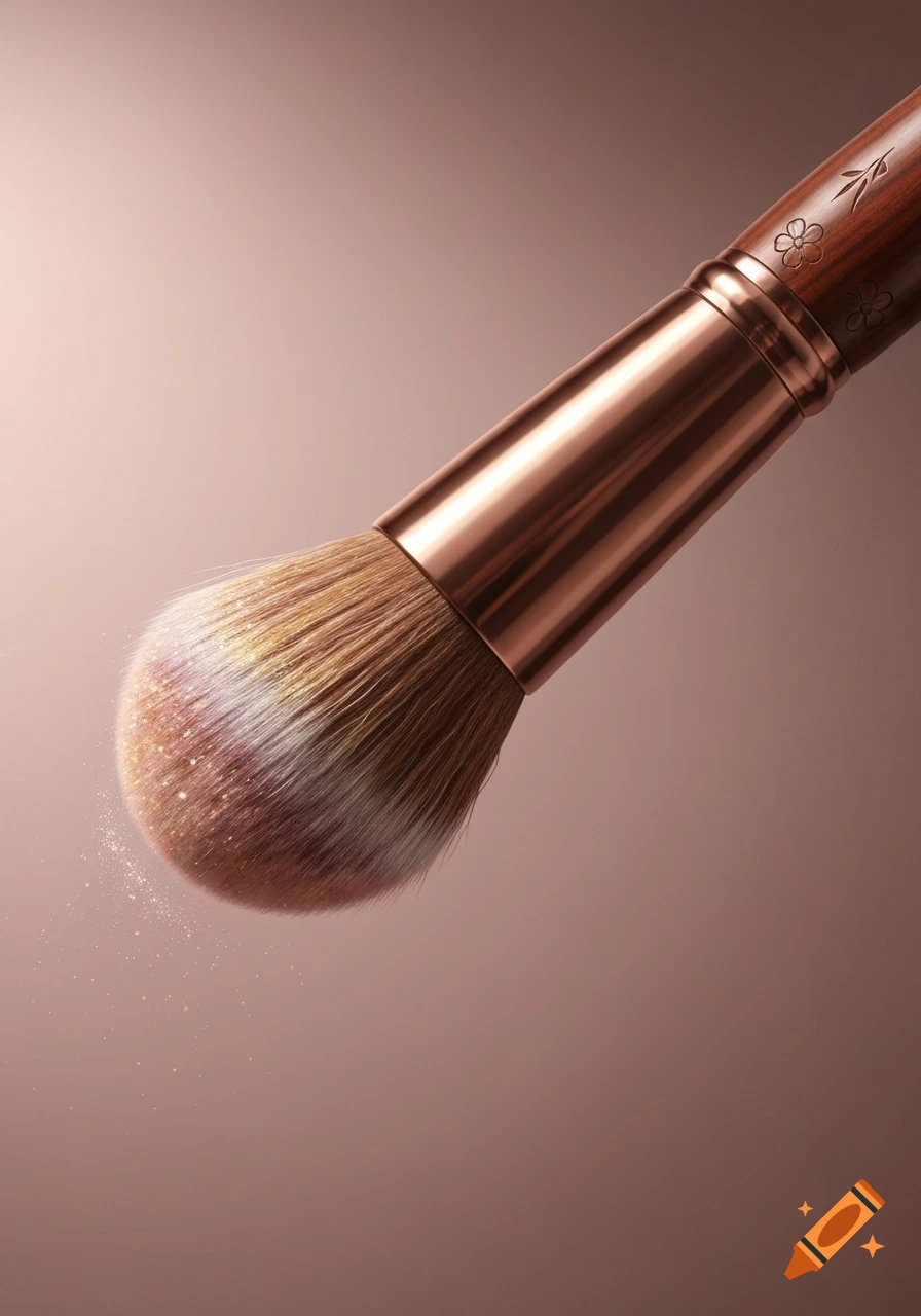 Close-up of a makeup brush with a wooden handle, copper ferrule, and soft bristles, with glitter falling, on a warm background.
