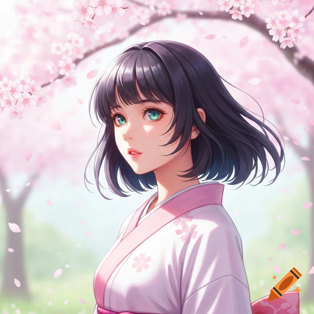 Anime woman with dark hair and green eyes, wearing a pink and white kimono, standing under blooming cherry blossom trees with falling petals.