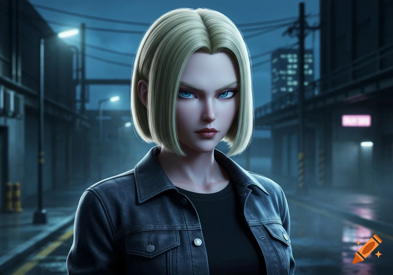 A woman with short blonde hair and piercing blue eyes, wearing a black t-shirt and denim jacket, stands on a wet city street at night.