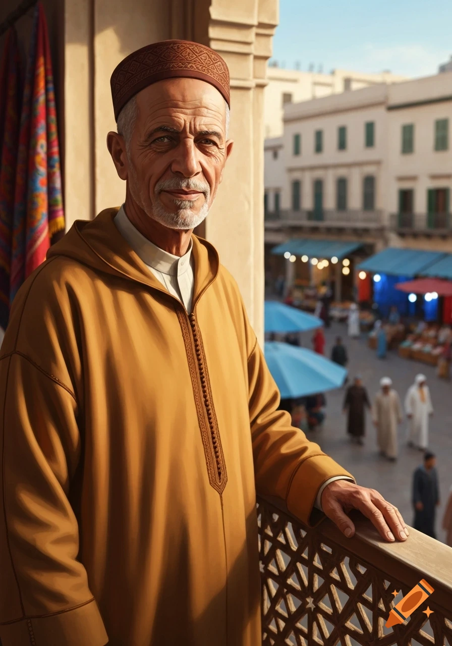 Photorealistic portrait of an elderly Algerian man in a brown robe and cap, standing on a balcony overlooking a busy market.