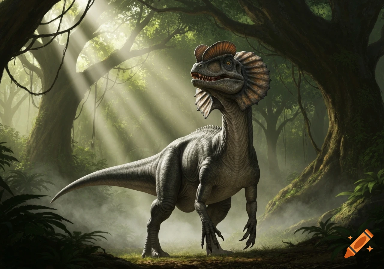 A detailed dilophosaurus with closed frills stands in a misty, sunlit prehistoric jungle.