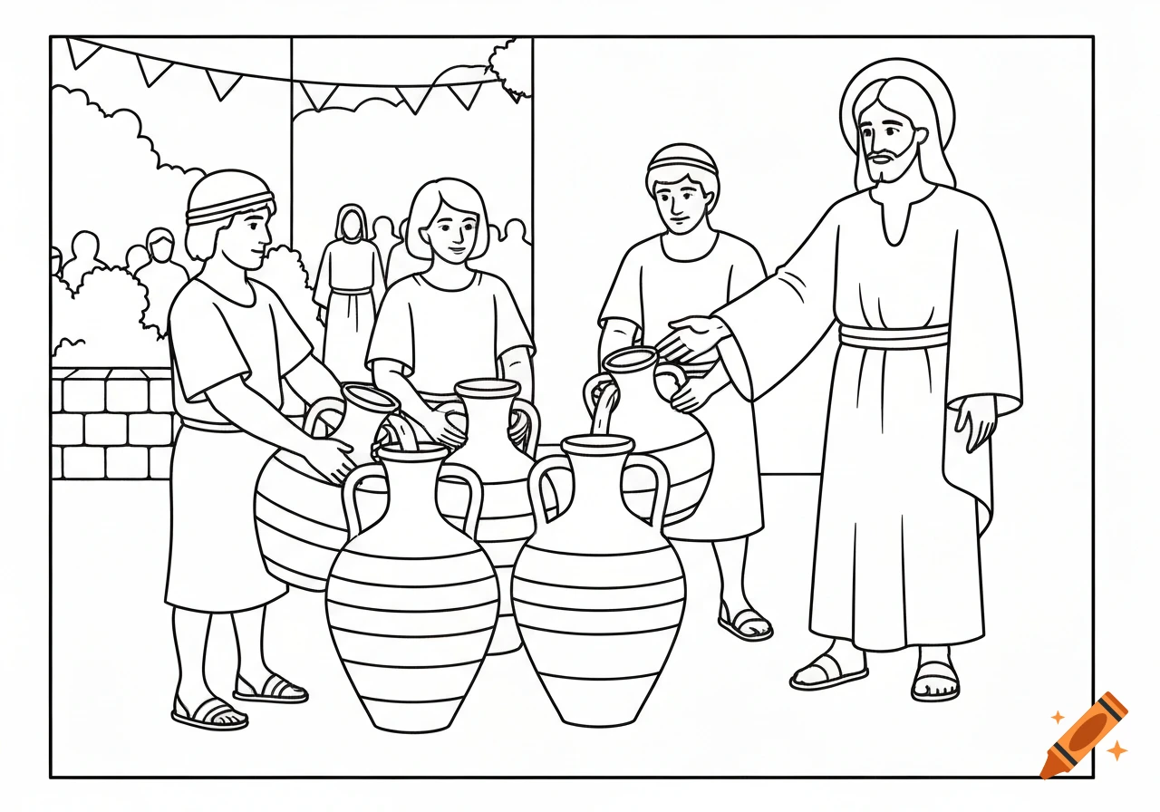 Black and white coloring page of Jesus with a halo, instructing servants to fill large amphorae with water.